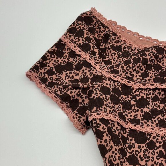 By Anthropologie Off-The-Shoulder Size 6 Pink Brown Tiered Ruffle Crop Top NWT - Picture 4 of 12